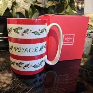 Lenox Holiday Wishing You Love Cup Mug Holly Berries & Stripes Porcelain 12 Oz